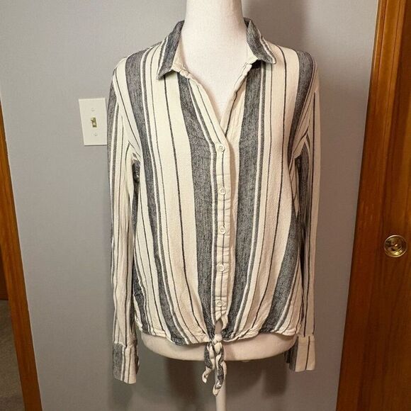 Cloth &‎ Stone Anthropologie linen blend gray white stripe tie front blouse size - Picture 1 of 8